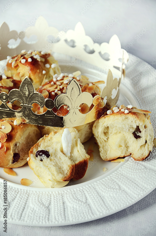 Traditional swiss sweet bread with a golden crown for Three Kings Day on January 6