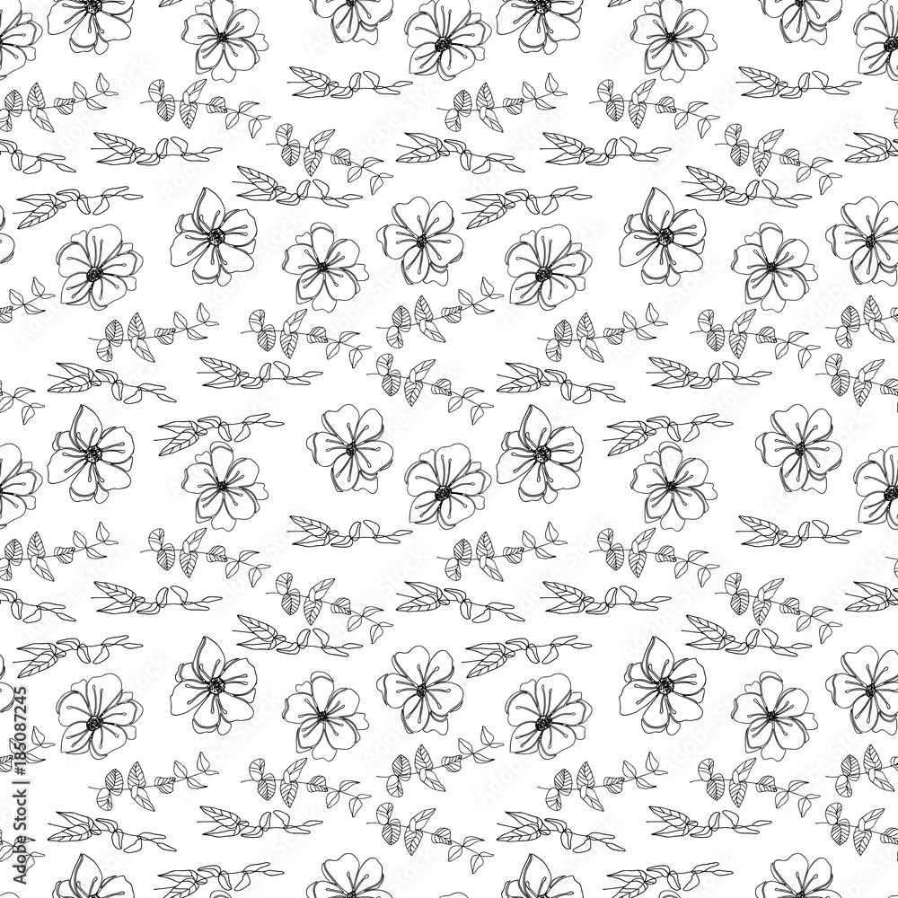 Anemone flowers floral vector seamless pattern. Hand drawn flowers and twigs Anemone flowers floral vector seamless pattern. Hand drawn flowers and twigs