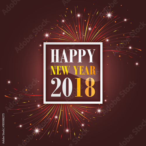New Year greetings 2018 with fireworks, sparkle, stars and glitter.