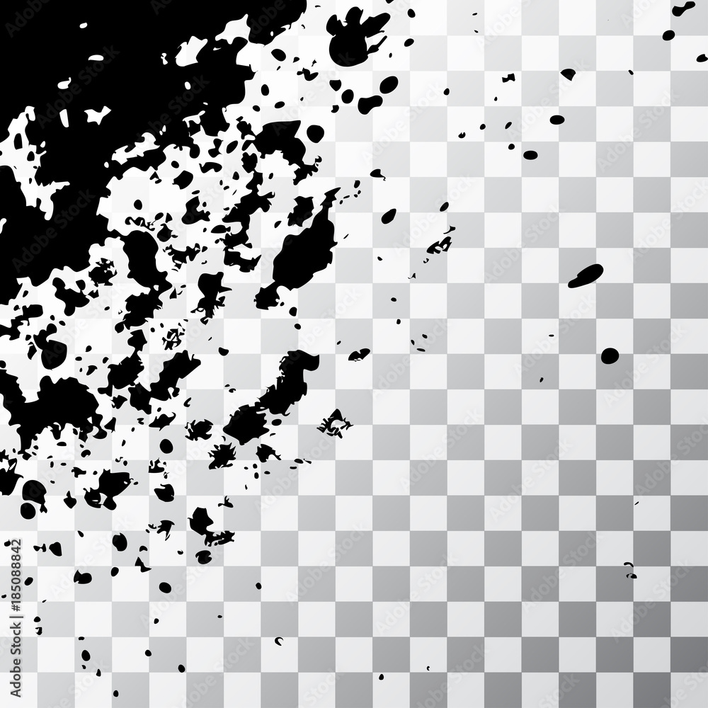 Black ink paint explosion splatter artistic cover design sketch. Drawing dot splash texture on transparent background grunge. Template vector Cover Catalog Brochure Flyer Poster Label