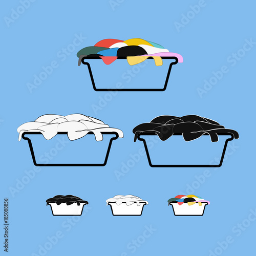 Set of black, white and color dirty laundry baskets label tags design for household chemistry