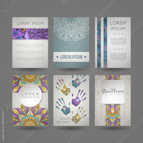 Design collection with mandala symbols. Set of business cards with circle ornament.