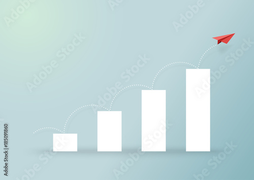 Paper airplanes flying on growing graph.Paper art style of business success creative concept idea.Vector illustration