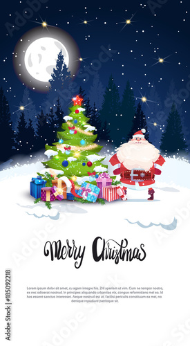 Winter Holidays Banner With Copy Space Santa Claus Standing At Pine Tree Merry Christmas Concept Flat Vector Illustration © mast3r