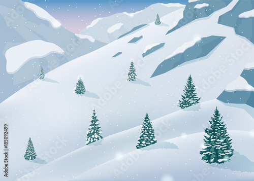 Winter landscape with snow trees and mountains. Winter holidays. Vector