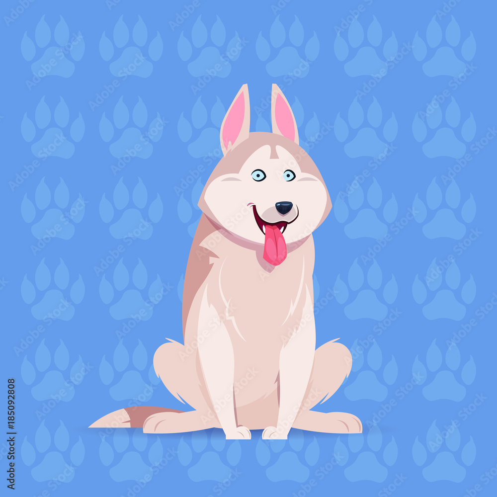 Dog Husky Happy Cartoon Sitting Over Footprints Background Cute Pet ...