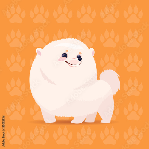 Dog Pomerian Happy Cartoon Sitting Over Footprints Background Cute Pet Flat Vector Illustration