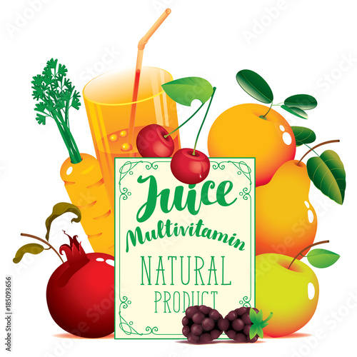 Vector banner for natural fresh juice with inscription Juice Multivitamin, with different fruits, berries and glass of juice