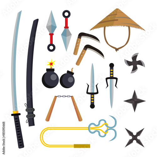 Ninja Weapons Set Vector. Assassin Accessories. Star, Sword, Sai, Nunchaku. Throwing Knives, Katana, Shuriken. Isolated Flat Cartoon Illustration