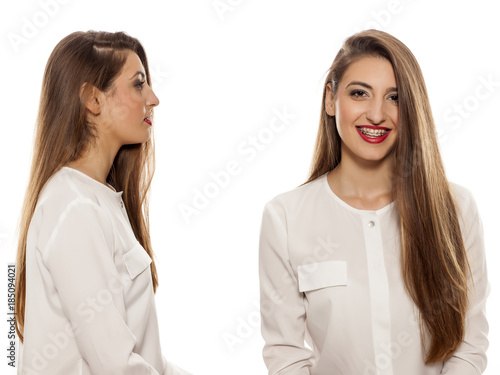 front, and side vide of young woman with long straight hair on white background
