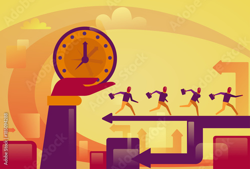 Hand Holding Big Watch Over Running Bsuiness People Deadline Concept Vector Illustration