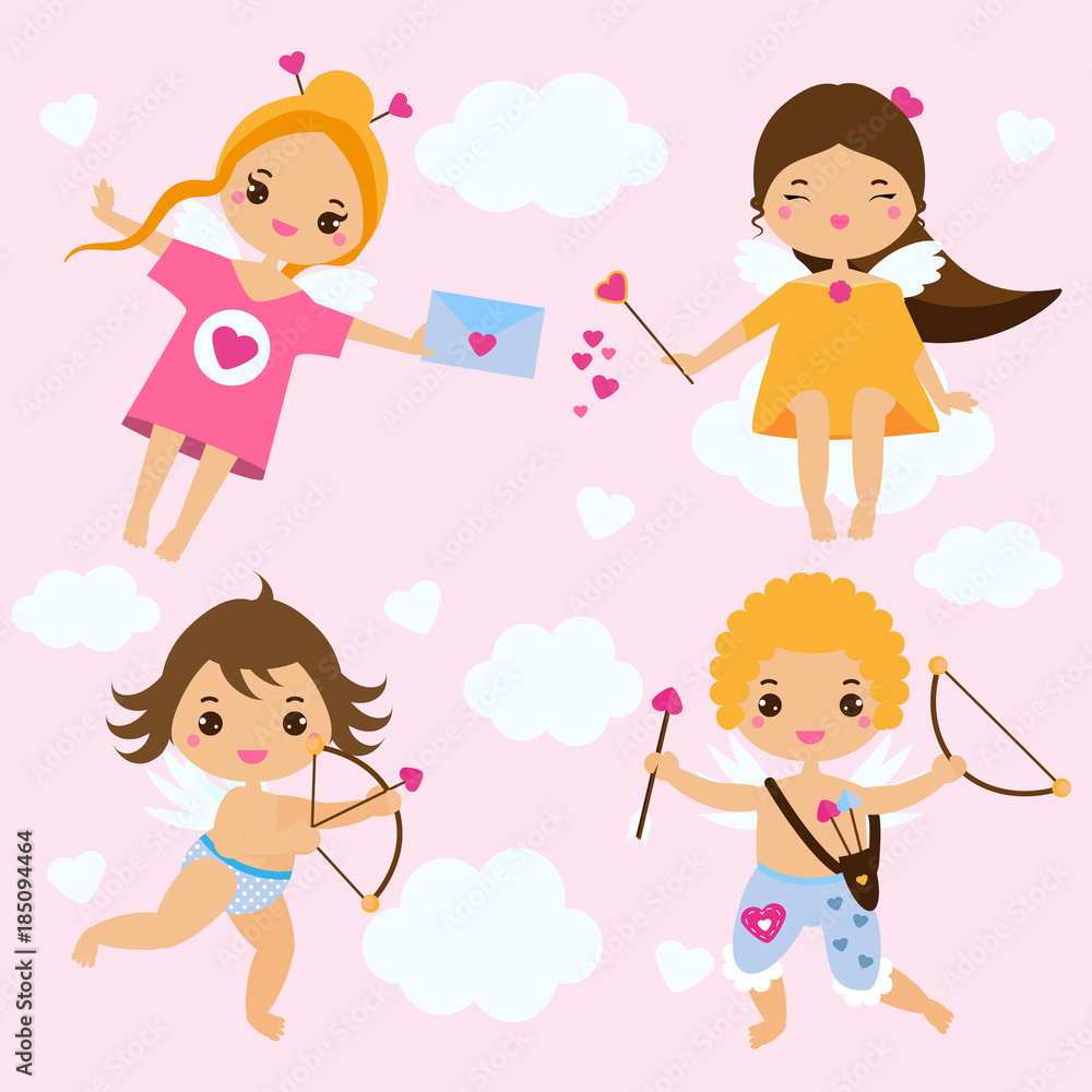 Cute Cupids in kawaii style. Love angels with arrows, archery and hearts. St Valentine's day theme Cute Cupids in kawaii style. Love angels with arrows, archery and hearts. St Valentine's day theme