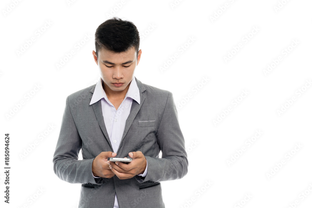 Portrait of a business man with smart phone. Isolated on white background Portrait of a business man with smart phone. Isolated on white background