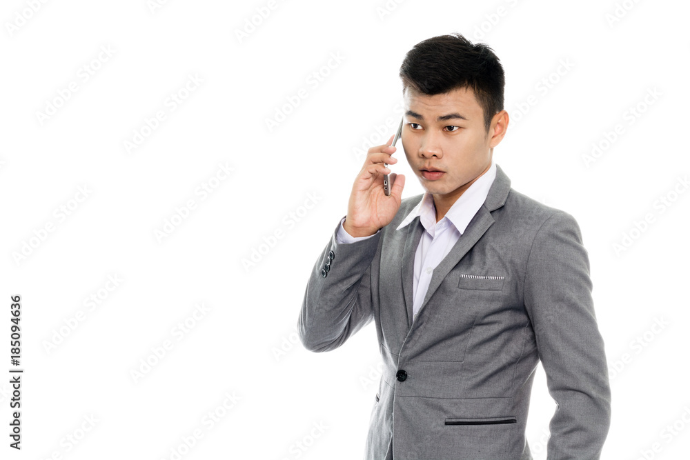 Portrait of a business man with smart phone. Isolated on white background Portrait of a business man with smart phone. Isolated on white background