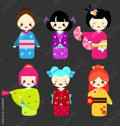Cute kawaii kokeshi dolls. Traditional japanese dolls. Girls in kimono