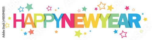 HAPPY NEW YEAR  Typography Banner with Colorful Stars