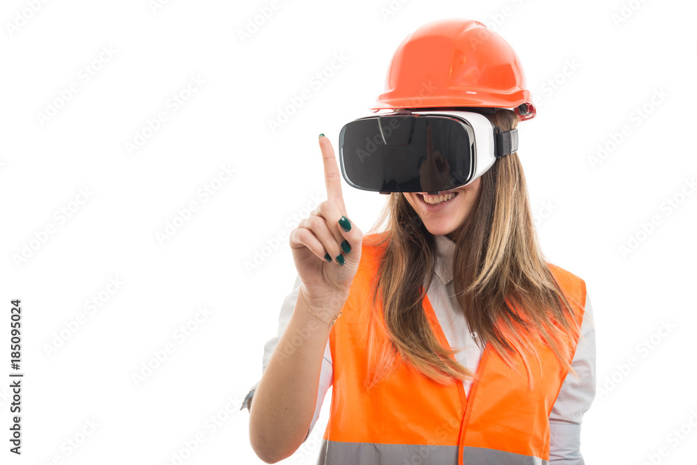 Female builder experiencing virtual reality Female builder experiencing virtual reality