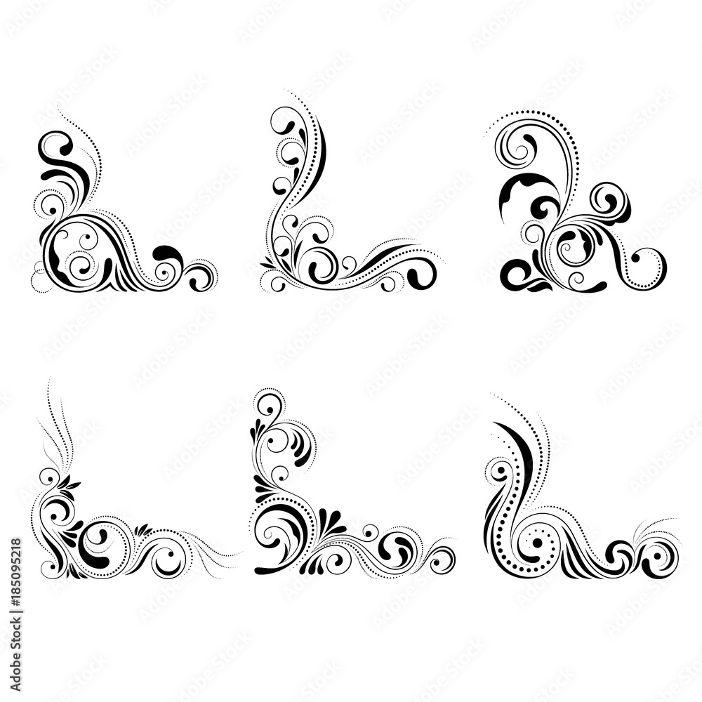 Set floral corner design. Swirl ornament isolated on white background - vector illustration. Decorative border with curve elements, pattern