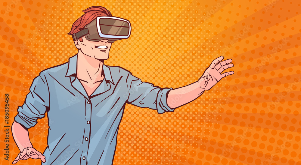 Man Wear Modern 3d Glasses Virtual Reality Concept Pop Art Style Background Vector Illustration