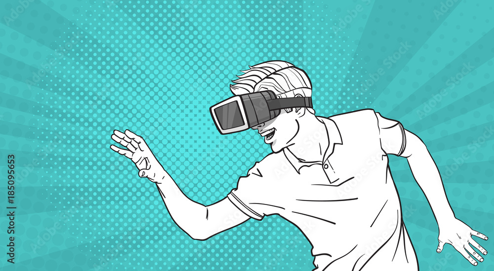 Man Sketch Wear Goggles 3d Glasses Virtual Reality Gesturing Pop Art Style Background Vector Illustration Man Sketch Wear Goggles 3d Glasses Virtual Reality Gesturing Pop Art Style Background Vector Illustration