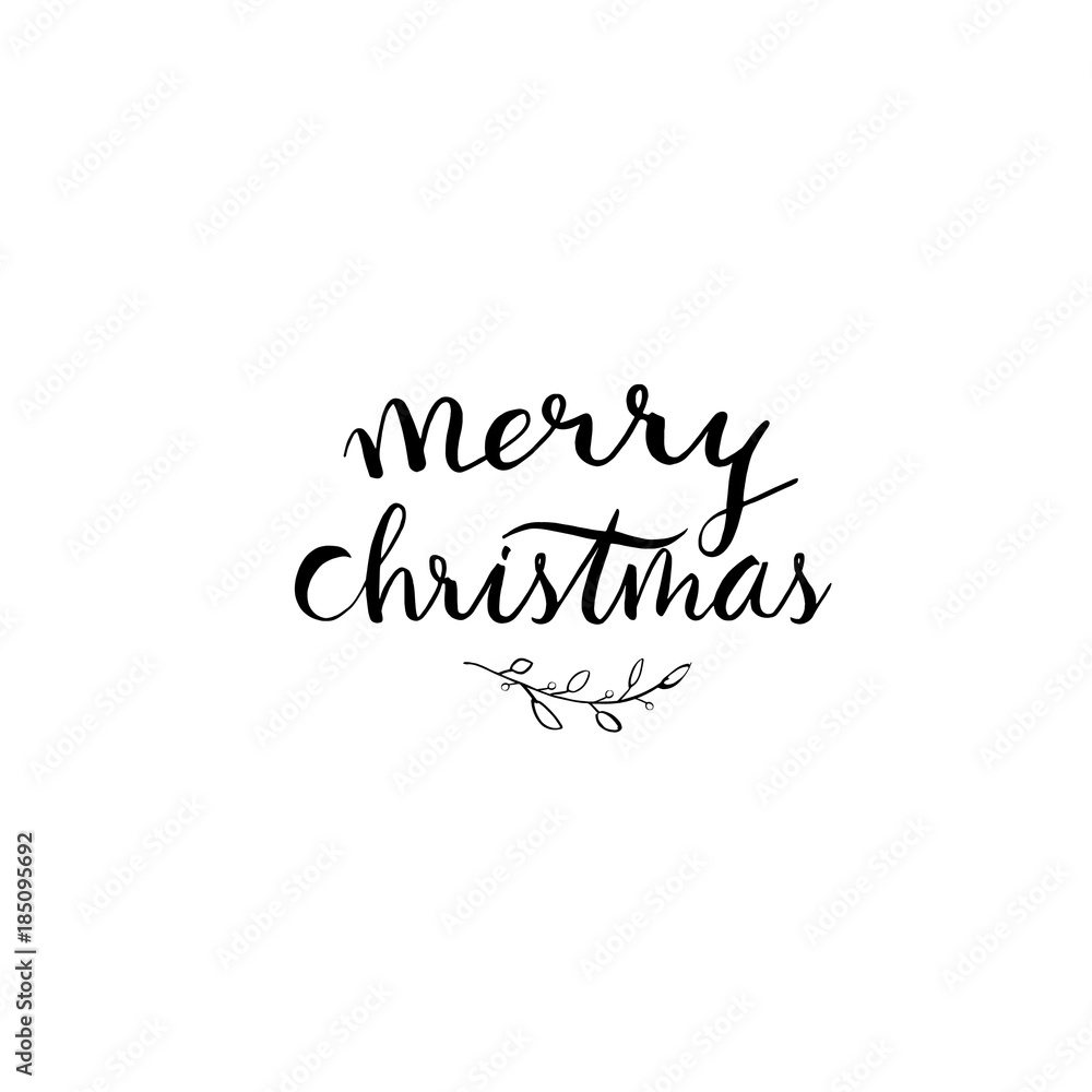 Illustration of small branches around words saying Merry Christmas on white backdrop.