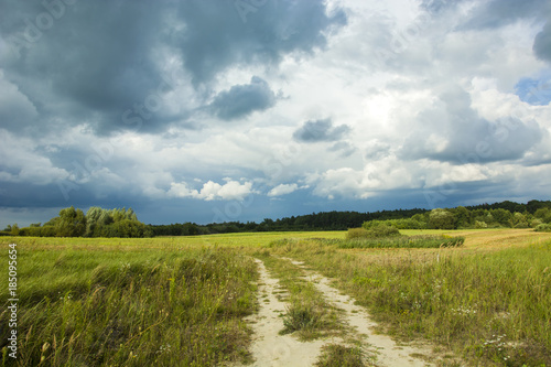 Country road, meadows and cloudy sky