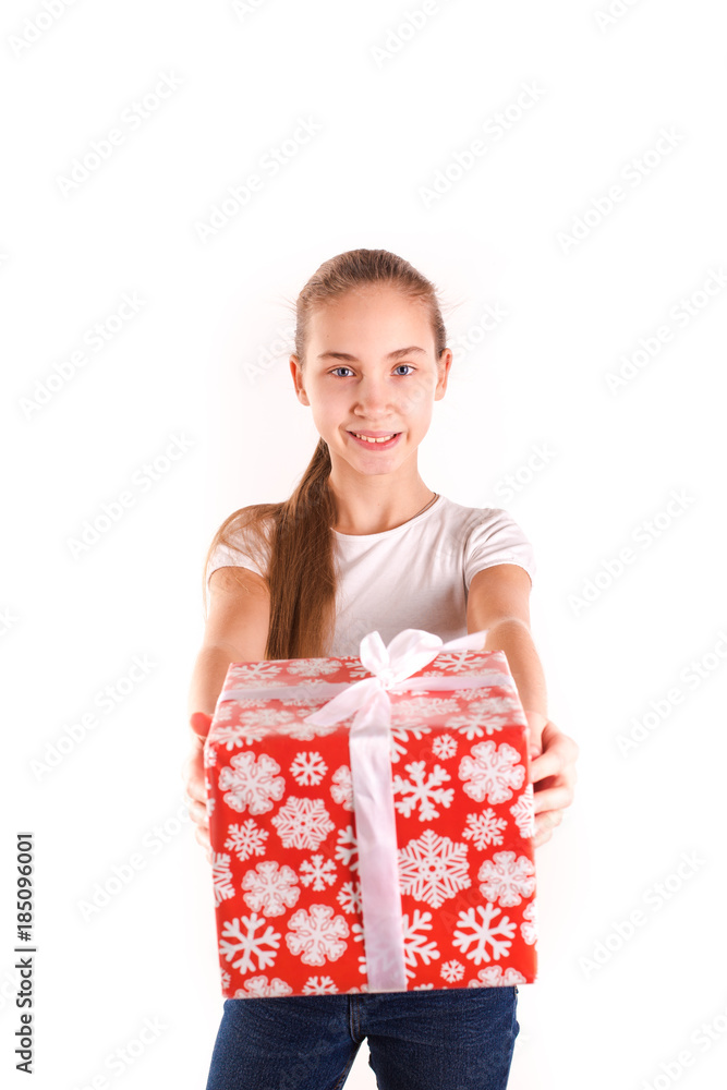 Happy girl with present box isolated Happy girl with present box isolated