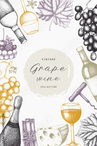 Vintage wine card.  Vector illustration with wine glass, grapes, bottle. Hand drawn alcoholic drink template. Bar menu design