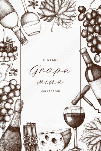 Vintage wine card.  Vector illustration with wine glass, grapes, bottle. Hand drawn alcoholic drink template. Bar menu design
