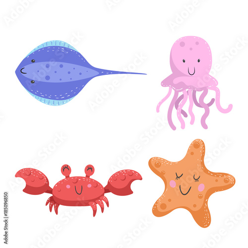 Set of tropical sea and ocean animals. Stingray, jellyfish, crab, starfish. Wildlife vector illustration icons.