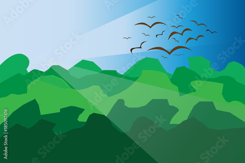 mountains sun birds landscape. Vector illustration and EPS10. with copy space for add text