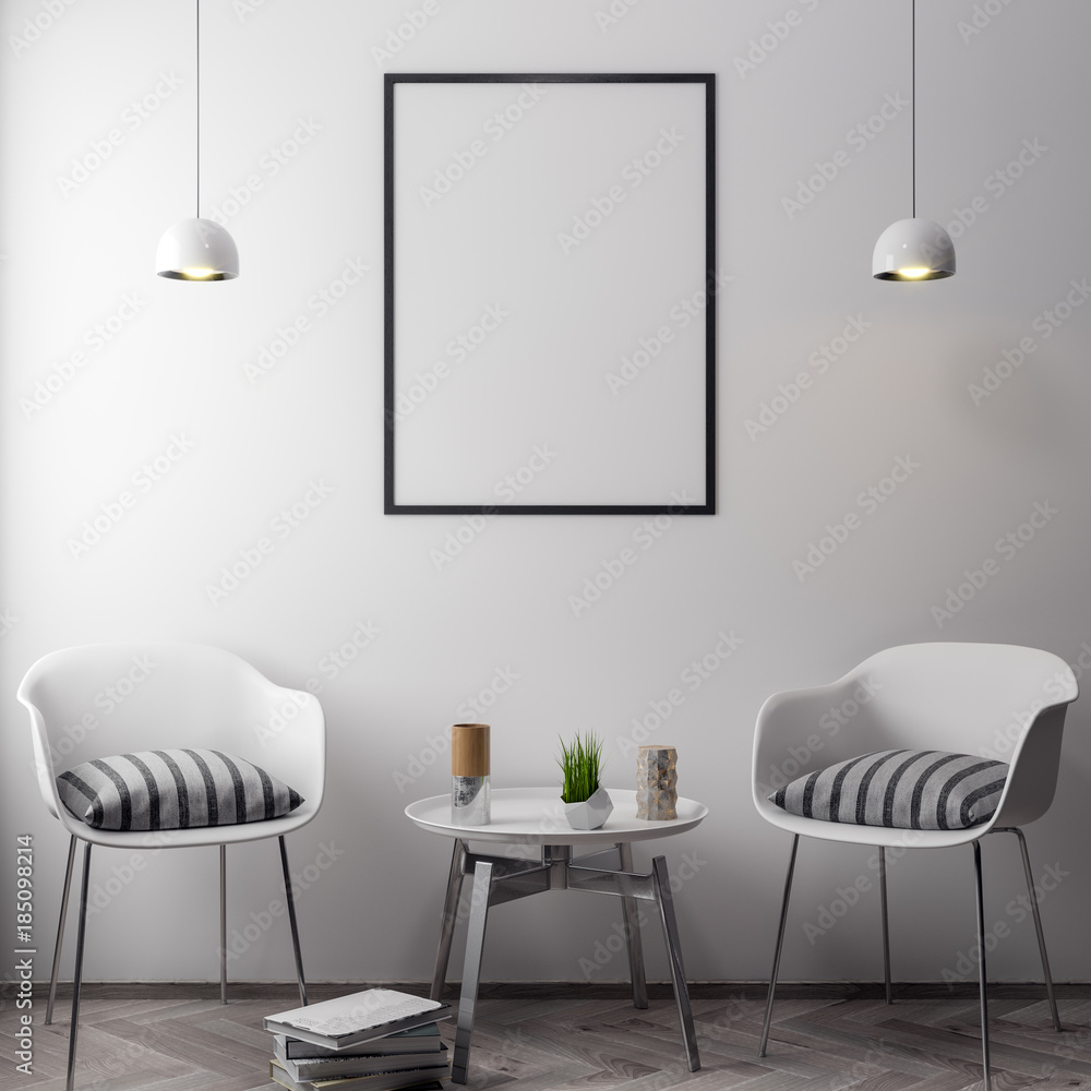 Mockup Poster in the interior, 3D illustration of a modern design Mockup Poster in the interior, 3D illustration of a modern design