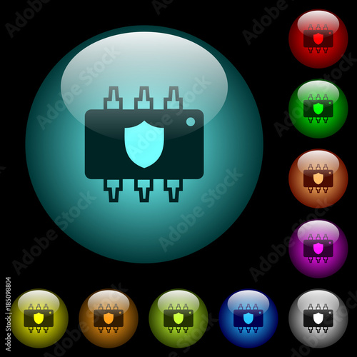 Hardware protection icons in color illuminated glass buttons