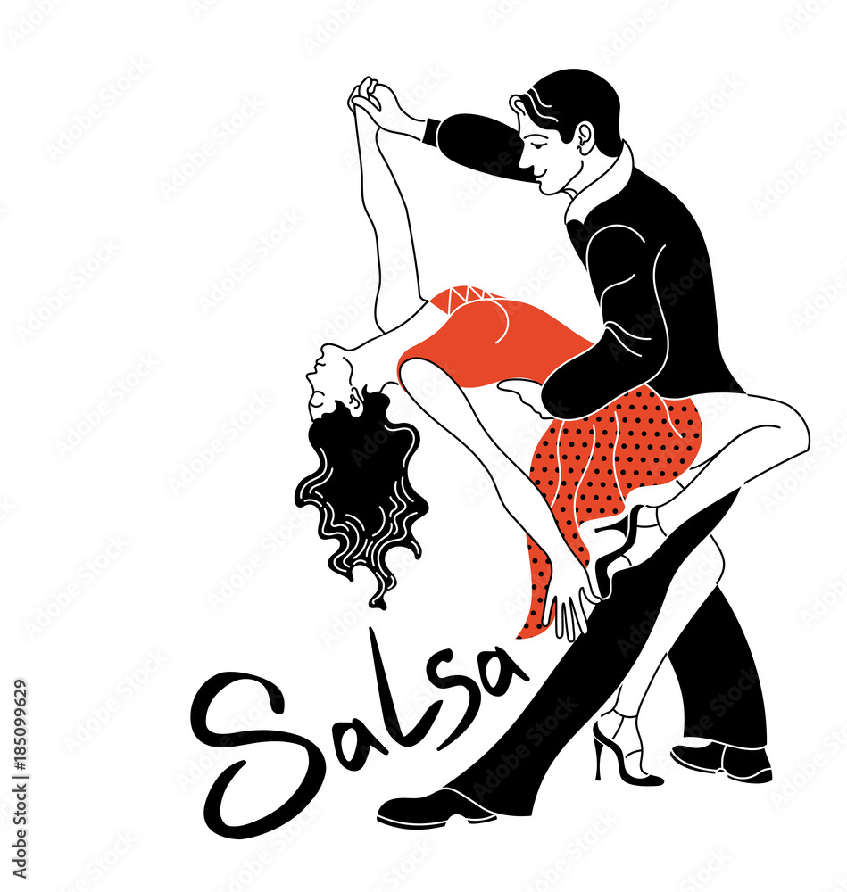 Salsa party dance poster. Elegant couple dancing salsa. Retro style