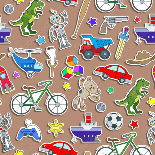 Seamless pattern on the theme of childhood and toys, toys for boys, stickers icons on brown background