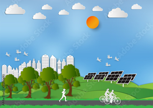 Fototapeta Naklejka Na Ścianę i Meble -  Paper art style of Landscape and People in city parks with Solar Cell to save the world idea,  Abstract vector background