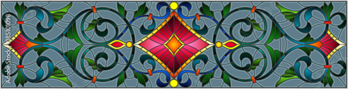 Illustration in stained glass style with abstract swirls,flowers and leaves on a grey background,horizontal orientation