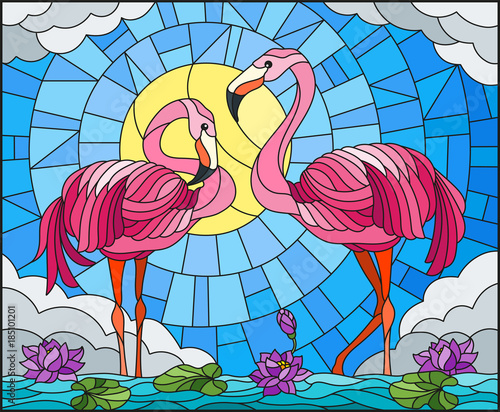 Naklejka Ilustracja w stylu witrażu z parą flamingo, kwiaty lotosu i trzciny na staw w słońcu, niebo i chmury