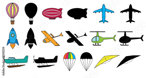 Set of air transports: balloon, dirigible, airplane, space rocket, hydroplane, helicopter, seaplane, parachute, glider. Colorful images and silhouette. Vector illustration.