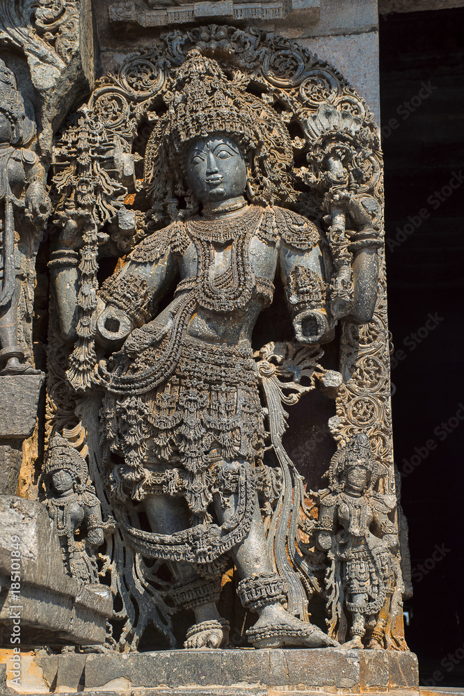 Dwarapala statue at southern entrance, Hoysaleswara Temple, Hoysala style, Halebidu, Karnataka, South India,