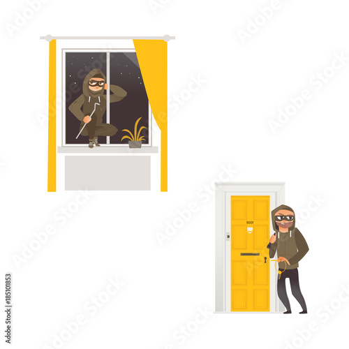 vector cartoon thief burglar housebreaker in mask, hood, breaking and entering in a victim's house set. One does it through the door holding stolen keys in hand, another man opening window by crowbar