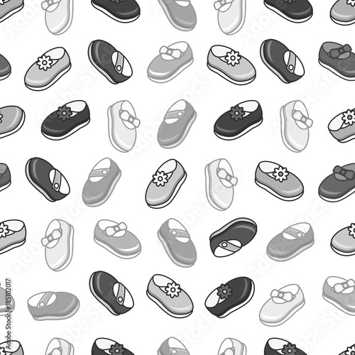 vector flat kids shoes monochrome black and white icons seamless pattern. Isolated illustration on a white background. Children clothes, fabric, textile manufacturing design object.