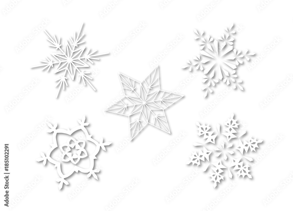five white snowflakes with shadow five white snowflakes with shadow