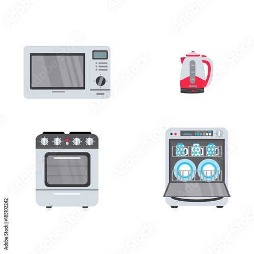 vector flat modern consumer electronics, home appliance icon set. Highly detailed gas stove, dishwasher machine, electric kettle or teapot and microwave oven. Isolated illustration on white backgroud