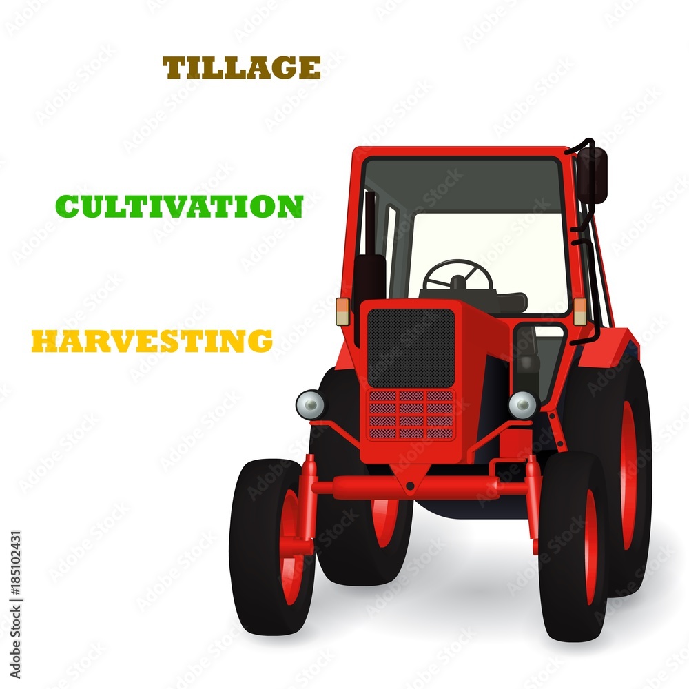 Agricultural tractor 3D vector graphic for tillage, cultivation and harvesting illustration design