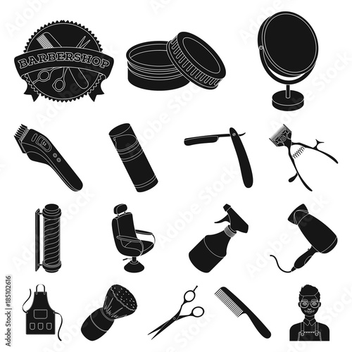 Barbershop and equipment black icons in set collection for design. Haircut and shave vector symbol stock web illustration.