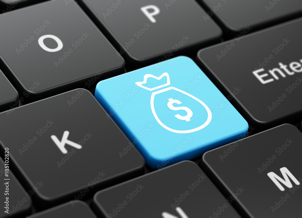 Banking concept: computer keyboard with Money Bag icon on enter button background, 3D rendering Banking concept: computer keyboard with Money Bag icon on enter button background, 3D rendering