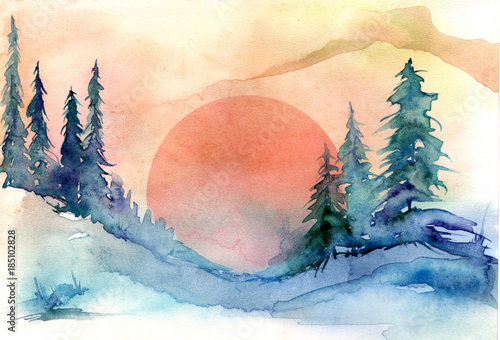 Watercolor drawing, illustration. Forest landscape, fir, pine, tree, cedar, red, pink sun, sunset, sunrise. Splash paint, abstract illustration. Art painting. Winter landscape.