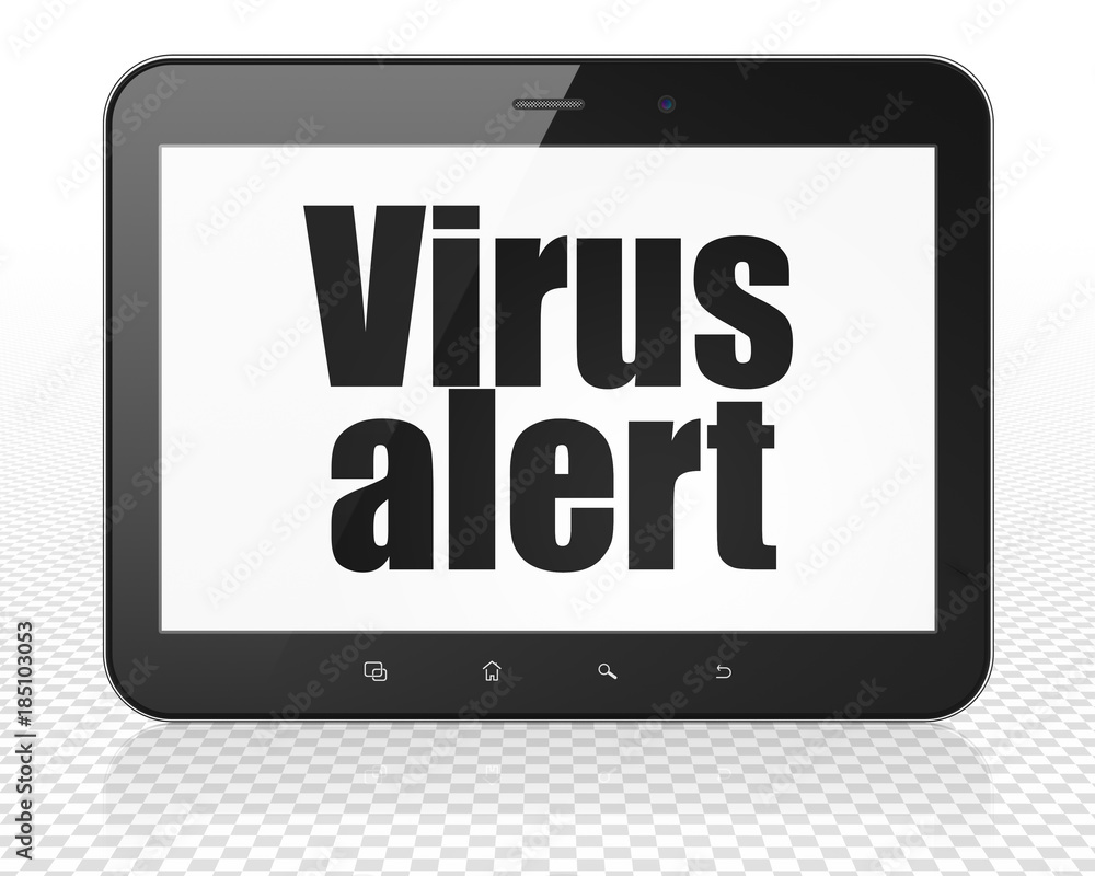 Security concept: Tablet Pc Computer with black text Virus Alert on display, 3D rendering Security concept: Tablet Pc Computer with black text Virus Alert on display, 3D rendering
