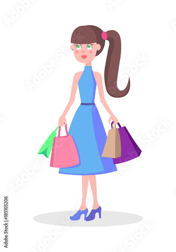 Beautiful Woman Shopping Cartoon Flat Vector Icon